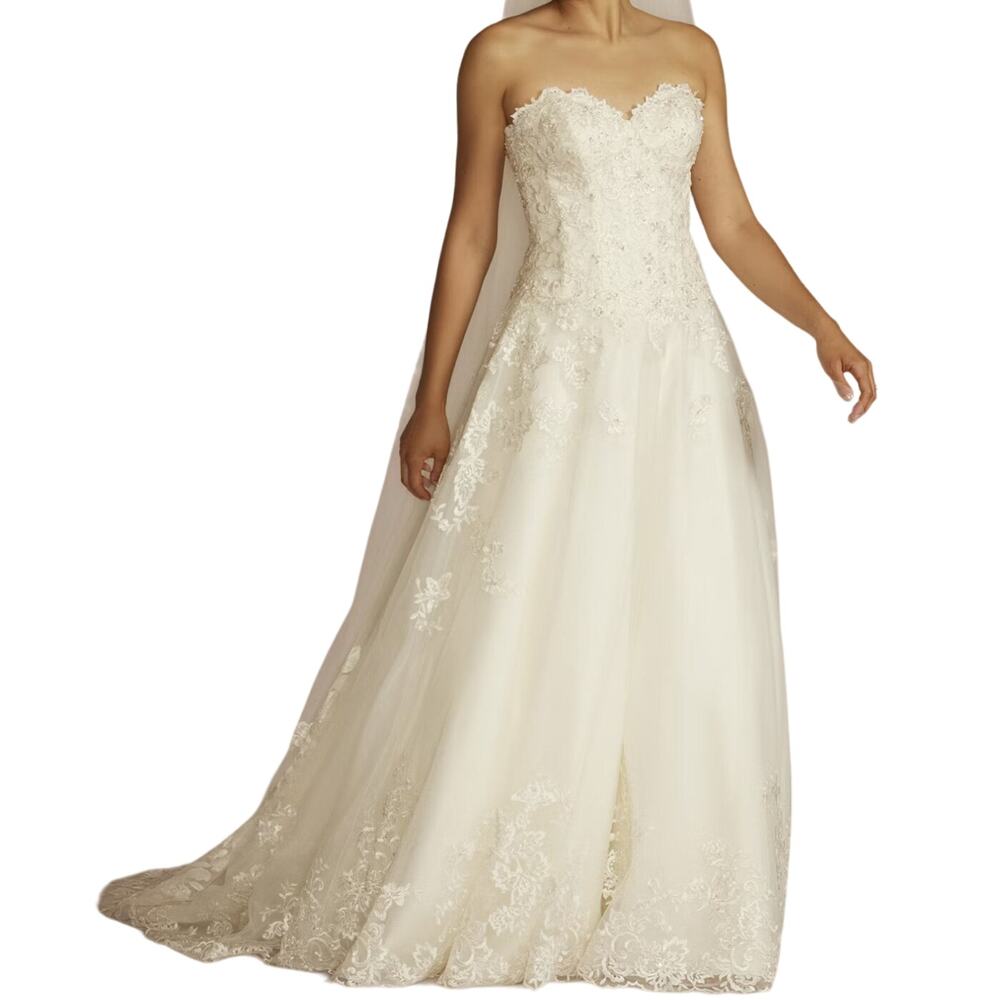 JEWEL Beaded Lace And Tulle Ball Gown‎ Wedding Dress Ivory Petite Womens Size 4P